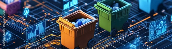 Obraz Digital representation of waste management with colorful recycling bins on a tech backdrop.