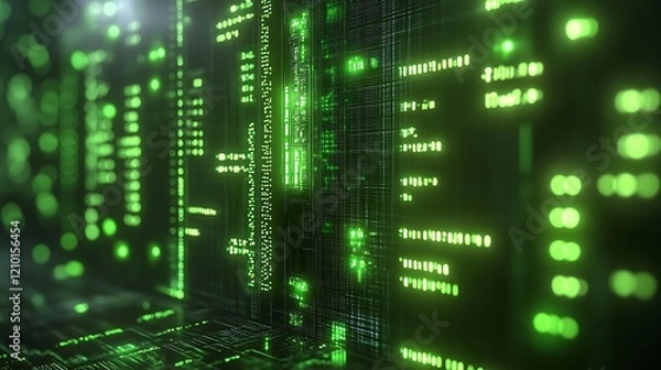 Fototapeta Digital Matrix: A captivating abstract backdrop of a glowing green digital matrix, suggestive of a vast network of interconnected data and a futuristic, technological world.