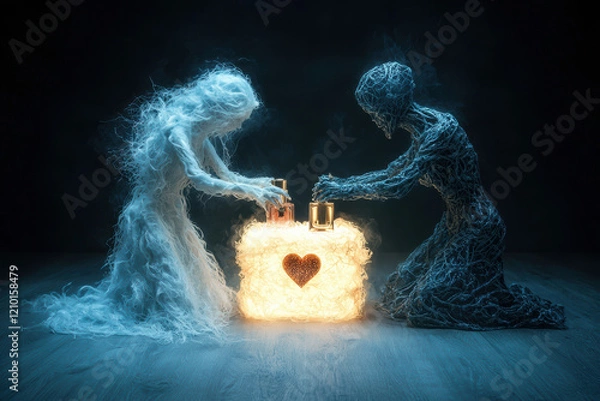 Fototapeta Ethereal figures in tug of war over glowing heart, symbolizing love and conflict