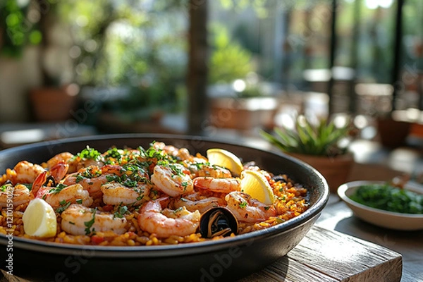 Fototapeta A paella dish brimming with fresh seafood, including shrimp, mussels, and clams, atop golden saffron rice, garnished with fresh herbs and lemon wedges, placed on a rustic wooden table.