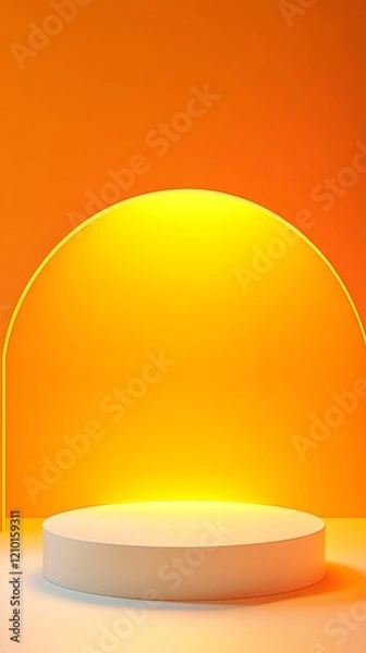 Fototapeta A modern pedestal podium with an open space for display, illuminated by soft lighting on a gradient orange and yellow background for Mother's Day