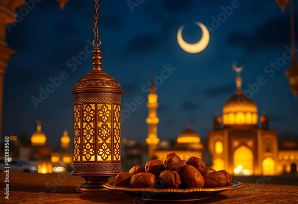 Fototapeta Ornate golden lantern, intricate Islamic patterns, glowing warm light, wooden table, dates on plate, deep emerald green background, Ramadan atmosphere, rich colors, traditional Middle Eastern decor, s
