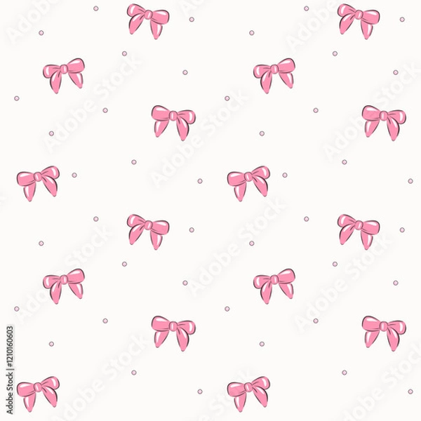 Fototapeta Vector illustration. Seamless pattern of pink bows on a light background with dots. Girly background, cute fabric design, postcard template, wallpaper, website, banner