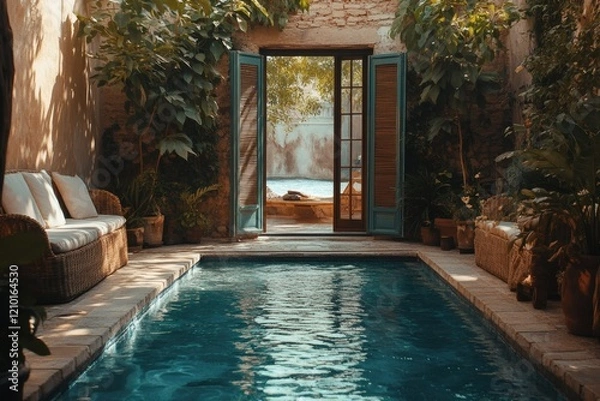 Fototapeta Bohemian pool lounge with ocean glimpse