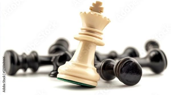 Obraz A dramatic close-up of a white chess king standing tall among fallen black pawns on a chessboard, symbolizing victory and dominance isolated on white background.
