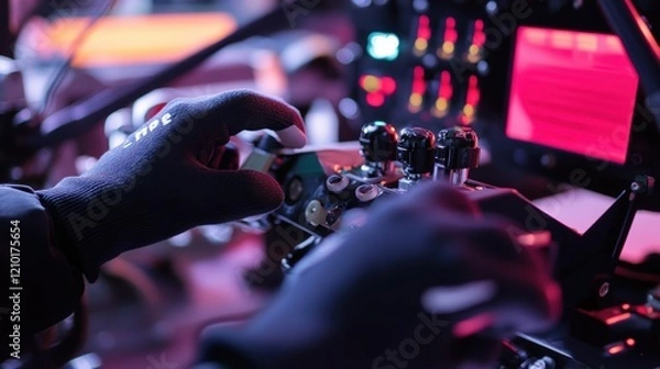 Fototapeta Technician wearing protective gloves operates a complex control panel with buttons, knobs, and a digital screen in an industrial setting, highlighting precision and expertise