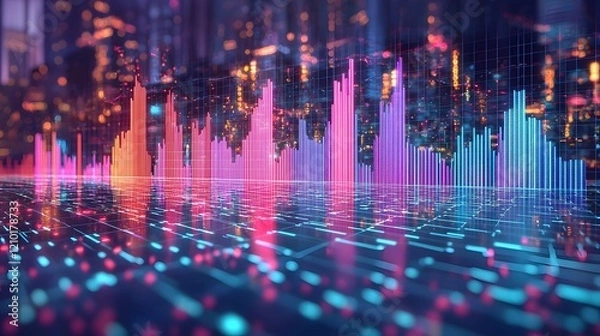 Fototapeta Vibrant and dynamic data visualization charts including line and bar graphs displayed with precision over a subtle grid background for a contemporary and futuristic aesthetic
