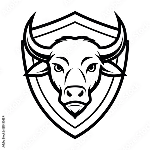 Obraz Bull Head in Shield Logo Design - Black and White Vector Art