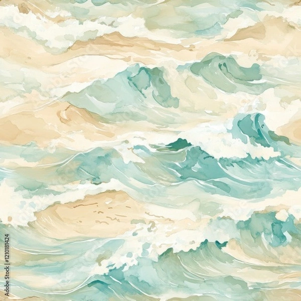 Fototapeta Serene watercolor doodle of gentle ocean waves and sandy shores during a peaceful day