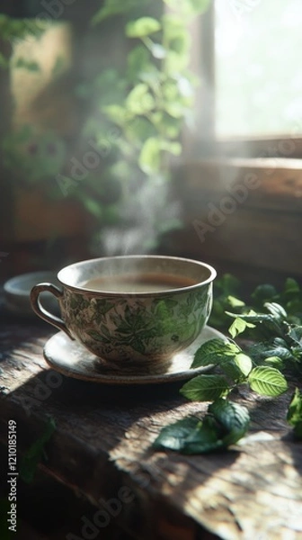 Obraz Steam rises from a beautifully decorated cup of tea resting on a rustic wooden table surrounded by fresh greenery