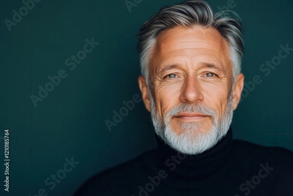 Fototapeta Portrait of a mature man with a confident smile against a teal background in soft natural light