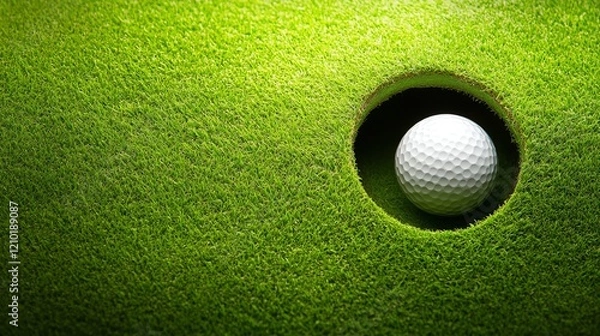 Fototapeta A close-up of a golf ball nestled in a hole on a lush green putting green, showcasing the textured grass surrounding it.