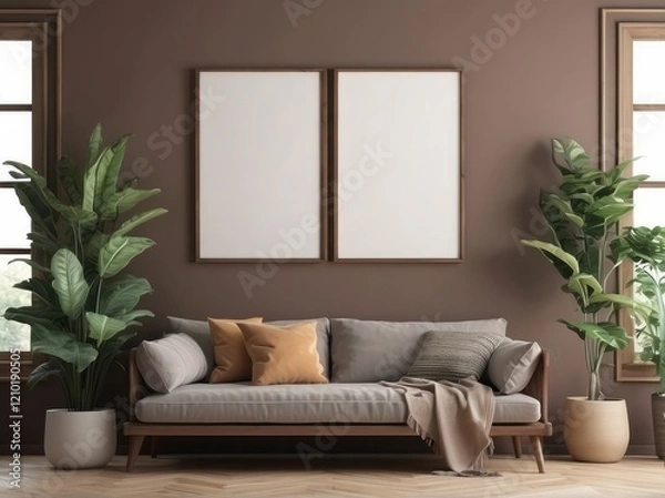 Fototapeta living room with design retro furnitures, plants, shelf, blank poster frame on the Mocha wall