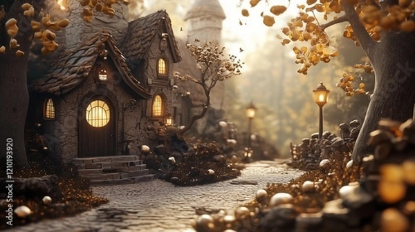 Fototapeta A fantasy village nestled in the heart of an enchanted forest, where golden acorns rain from the trees and magical creatures