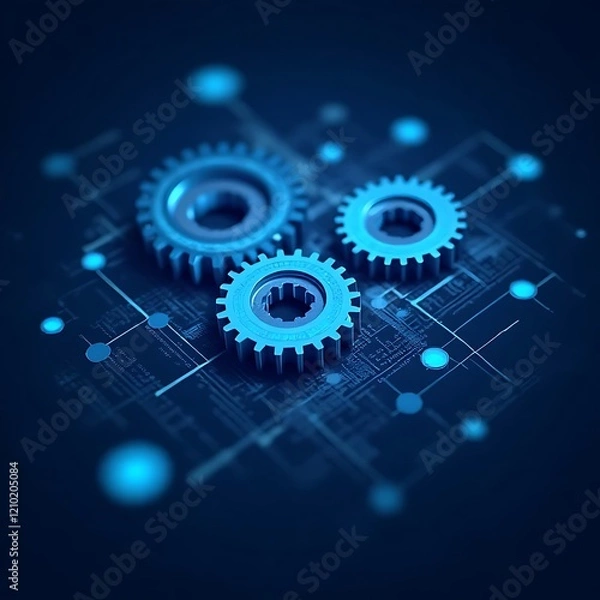 Obraz Interlocking Gears of Innovation: Three metallic gears interlock against a dark blue circuit board background, symbolizing seamless technological integration and innovation.  