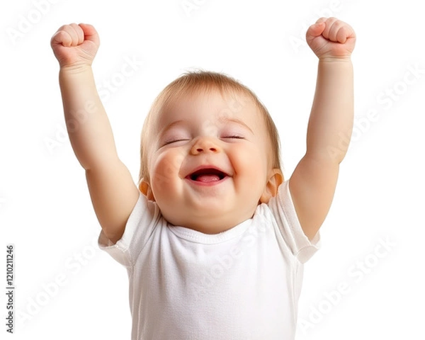 Fototapeta Happy baby with raised arms celebrating joyfully, isolated on transparency background. This adorable child expresses pure delight and excitement, capturing moment of pure happiness