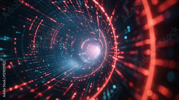 Fototapeta mesmerizing digital tunnel with glowing red and blue particles swirling around, creating sense of depth and motion. vibrant colors evoke futuristic atmosphere