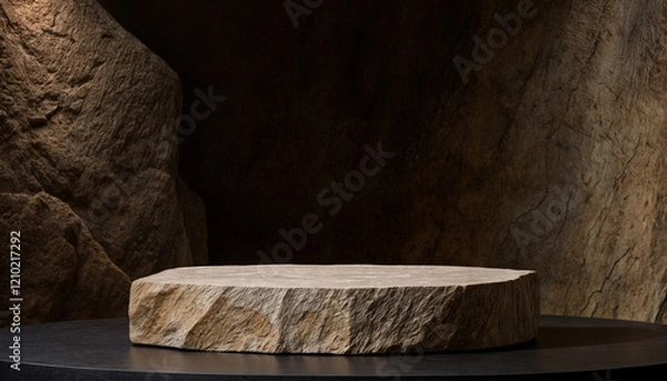 Obraz A rustic stone platform with warm lighting and earthy textures, creating a natural and elegant display perfect for showcasing products or art in a heritage-inspired setting.