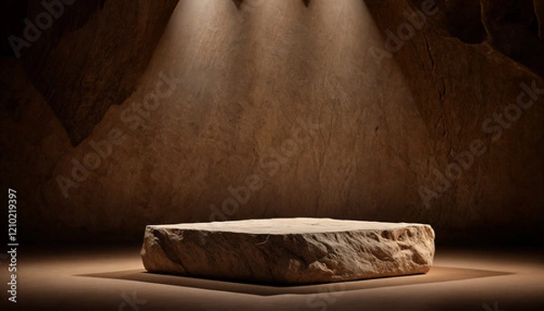Fototapeta A rustic stone platform with warm lighting and earthy textures, creating a natural and elegant display perfect for showcasing products or art in a heritage-inspired setting.