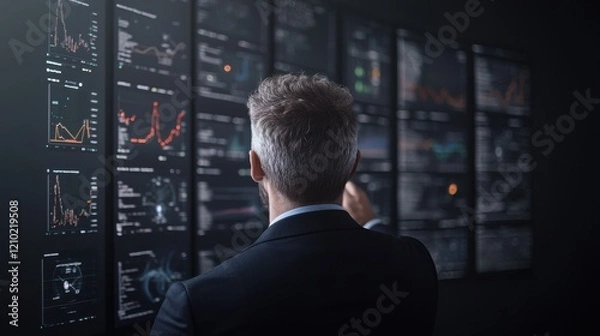 Obraz A professional analyzing data on multiple screens, focused on graphs and charts displaying various metrics in a dark environment.