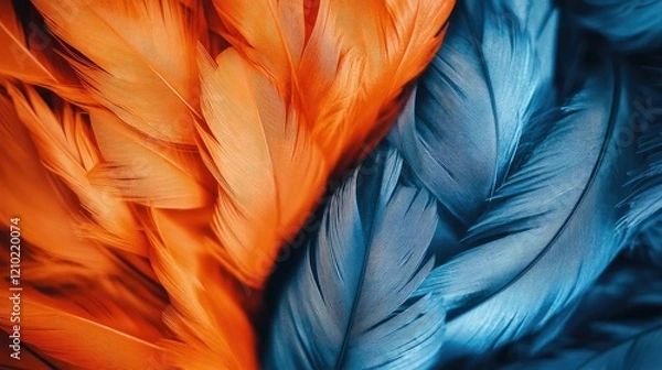 Fototapeta Artistic macro view of orange and blue feathers side by side, highlighting their bold colors and delicate textures.