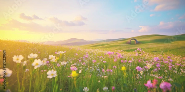 Fototapeta Aesthetic flowers field with gradient sky