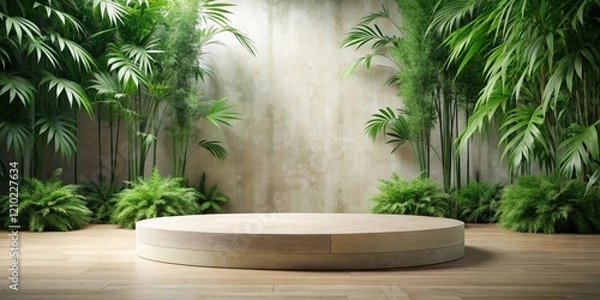 Fototapeta Serene Minimalist Display Circular Wooden Platform Surrounded by Lush Tropical Foliage
