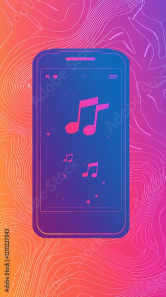 Fototapeta Colorful smartphone with music notes displayed on the screen, set against a vibrant gradient background.
