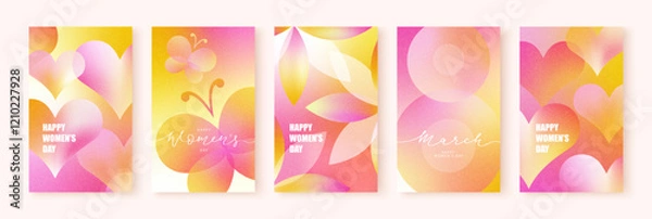Fototapeta Set of templates for International Women's Day on March 8. Number 8, butterflies, flowers and hearts on gradient background. Juicy spring warm colors, grainy texture. Set of trendy modern cards.