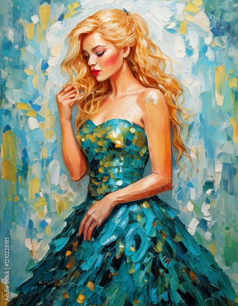 Fototapeta portrait of a woman in blue and gold, statue of a woman painting wallart, oil paint wall art drawing illustration	