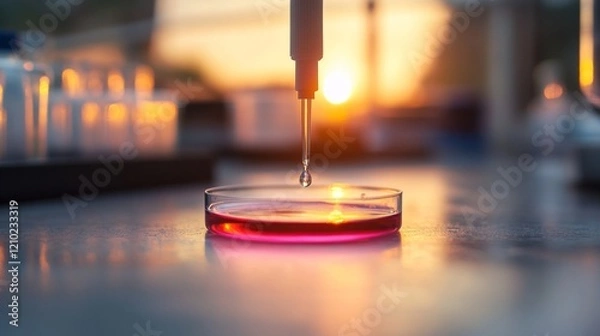Fototapeta A pipette drips liquid into a petri dish, all set against a beautiful sunset backdrop, showcasing a blend of science and nature.