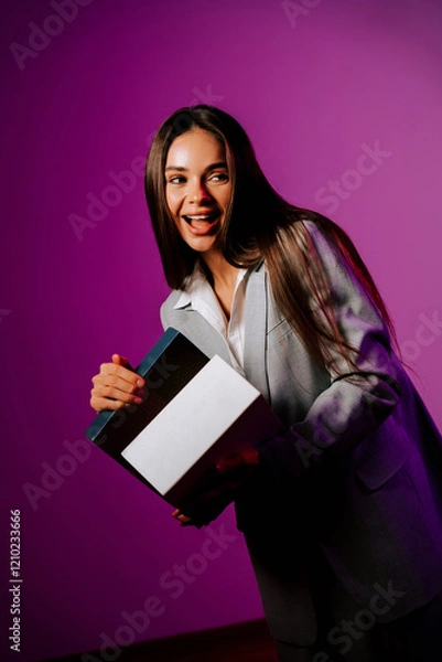 Fototapeta Woman in a grey suit holding a book with a playful expression against a purple background during a studio photoshoot