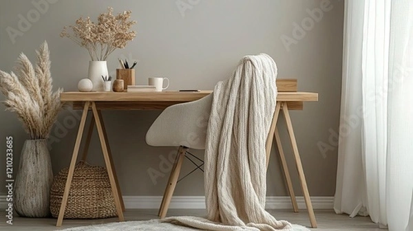 Fototapeta Neutraltoned workspace with a plush throw draped over a chair, wooden desk accessories, natural lighting 	