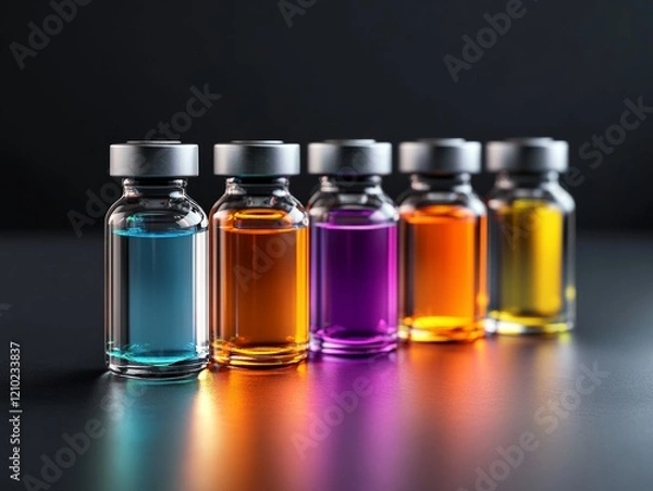 Fototapeta Five colorful glass vials filled with different liquids stand in a row against a dark background, showcasing vibrant hues.
