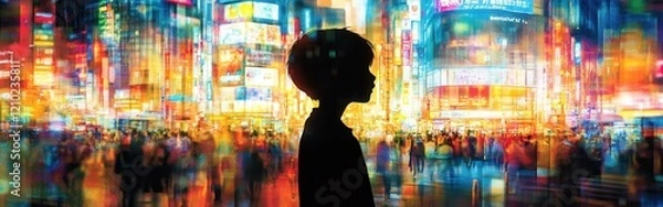 Fototapeta Vibrant silhouette of a child against a bustling cityscape illuminated by colorful lights during the night