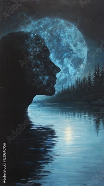 Fototapeta Mystical profile of a man with a cosmic landscape and full moon reflecting on tranquil waters