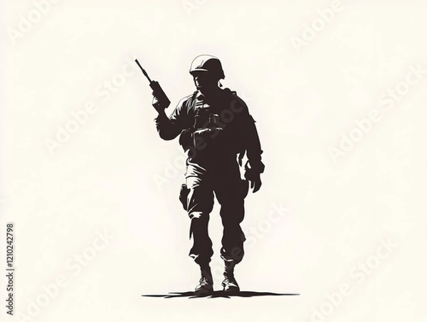 Fototapeta A clean vector of a soldier with a radio, symbolizing communication on the battlefield. Soldier with radio.


