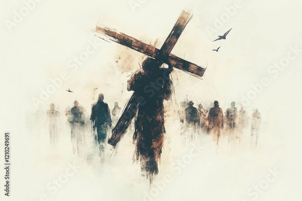 Obraz Minimalist religious illustration of the Passion of Christ, emphasizing sacrifice and devotion.
