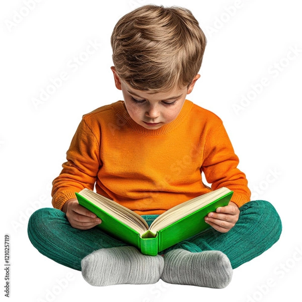 Obraz Child reading a green book indoor setting png image of early education cozy environment focused viewpoint