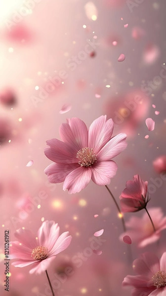 Fototapeta Pink cosmos flowers, petals falling, soft light, spring background, phone wallpaper