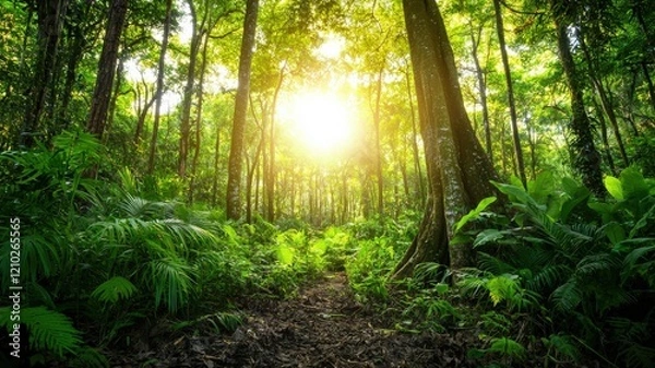 Fototapeta environmental impact climate mitigation concept. Lush forest with sunlight filtering through vibrant green trees and ferns.