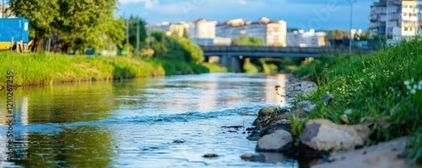 Fototapeta environmental impact climate mitigation concept. A serene river scene with lush greenery and city buildings in the background under a clear blue sky.