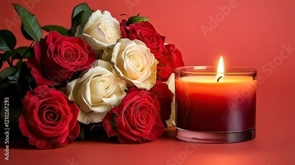 Obraz Serene arrangement of red and white roses next to a lit candle on a vibrant coral background, creating a warm and inviting mood.