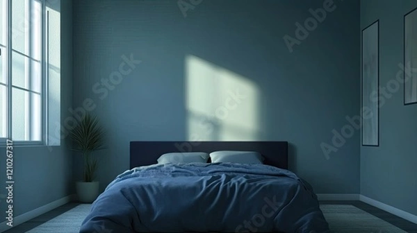 Obraz Serene bedroom with pale pastel blue walls, a navy blue bed, and an empty painted wall for mockup or art. Trendy accent colors in a cozy space.
