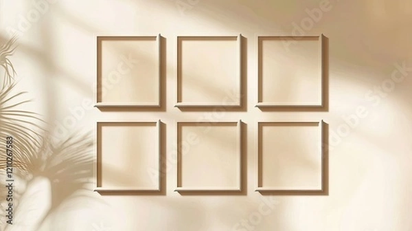 Fototapeta Simple Instagram post template with six blank squares arranged in three rows, minimalist ivory backdrop, and soft Photoshop-inspired shadow effects.