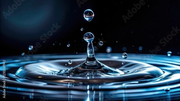 Fototapeta Water droplets falling onto a dark black background, creating a refreshing and calming atmosphere , darkness