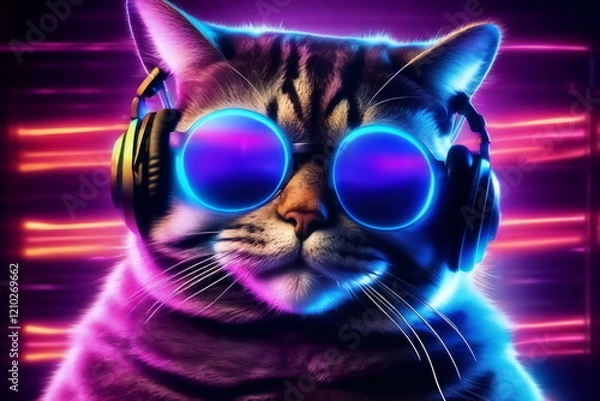 Fototapeta A cat with fashionable glasses, headphones and neon lights