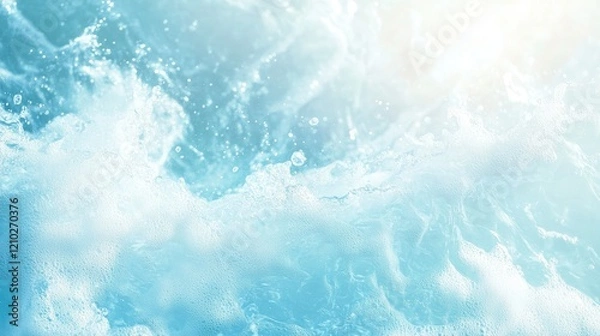 Fototapeta Transparent blue water texture with gentle waves, bubbles, and splashes in sunlight, ideal for skincare product banners with copy space.