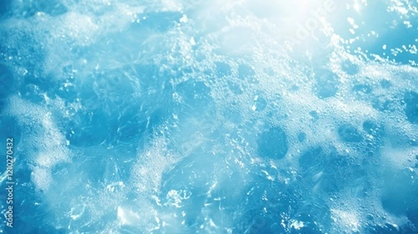 Fototapeta Transparent blue water texture with gentle waves, bubbles, and splashes in sunlight, ideal for skincare product banners with copy space.