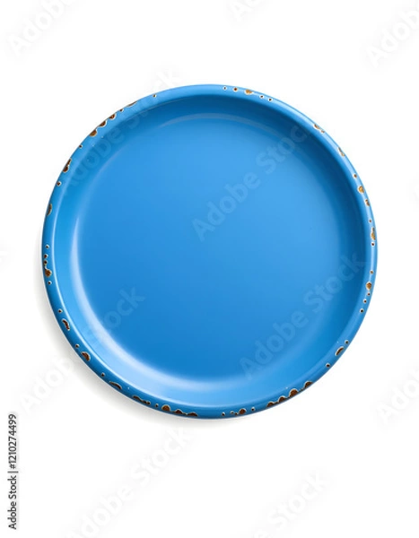 Fototapeta Old blue blank enameled plate mockup, mock up or template, isolated on white background, angled photoshot